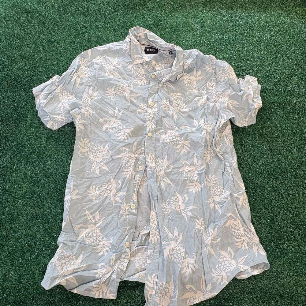 Hudson Men's Blue Pineapple Print Short Sleeve Button-Down Shirt